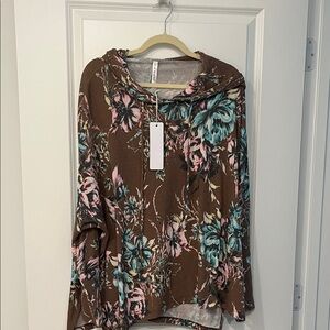 NWT Dear Scarlett Brown Hoodie with Pink and Teal Floral Design